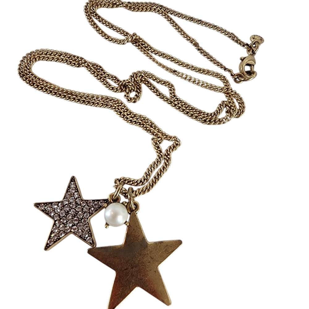 J. Crew long necklace star pendants pave rhinestones faux pearl antique gold
